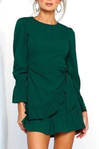 dark green ruffles long sleeve casual dress 047622